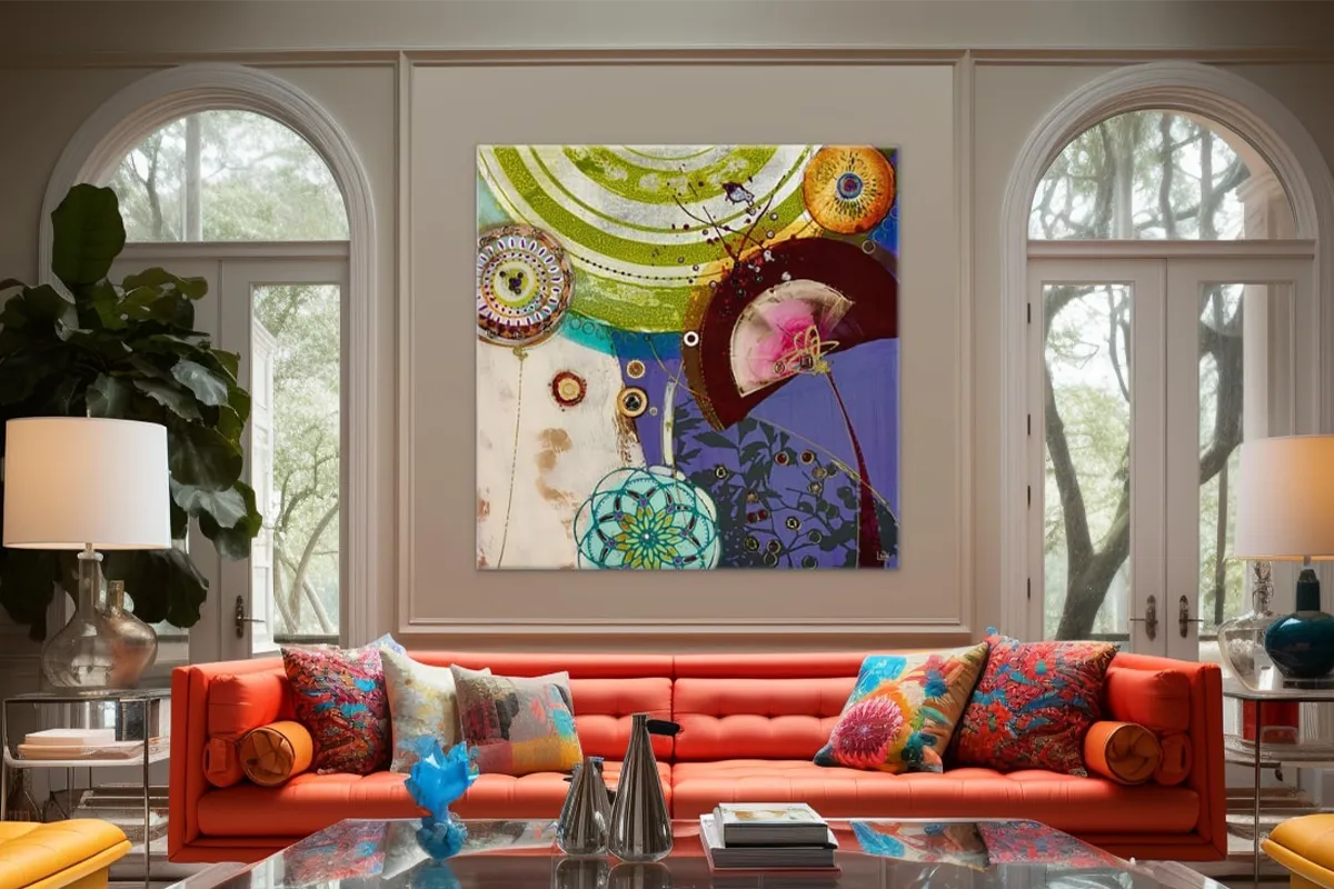 Vibrant modern living room with a bold coral tufted sofa, colorful patterned throw pillows, and a large abstract wall art featuring circular and floral motifs in green, purple, and orange tones, framed by tall arched windows.